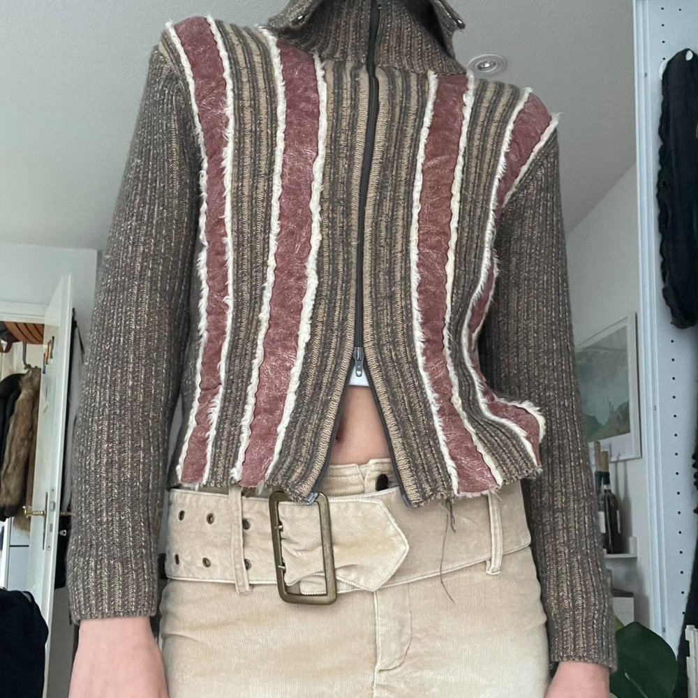 Women's Tan and Burgundy Cardigan